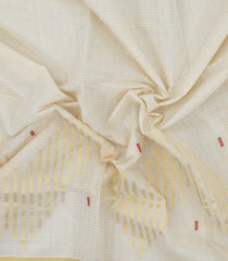 White Handloom Kerala Cotton Saree With Stripes & Chevron Motifs-KEC1059