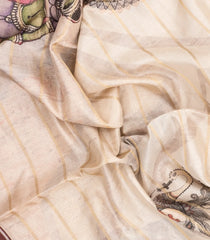 Cream Printed Synthetic Dupion Saree With Zari Stripes & Brown Border-SY0242