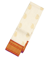 Off White Handloom Korvai Kanchipuram Silk Saree With Stripes & Buttas-KA12960