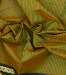 Olive Green Handloom Silk Cotton Saree With Stripes & Contrast Border-SC4069