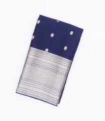 Navy Blue Mysore Crepe Silk Saree With Floral Motifs & Zari Border