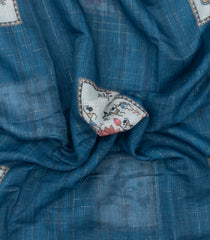 Indigo Printed Art Linen Saree With Zari Checks-BL6075