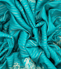 Turquoise Woven Synthetic Dola Saree With Stripes & Printed Bird Motifs-BL4498