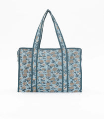 Light Blue Bagru Printed Handmade Cotton Quilted Tote Bag With Zipper-ACS1043