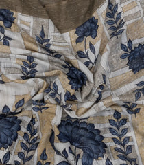 Blue Woven Blended Linen Saree With Printed Floral Motifs-BL4846