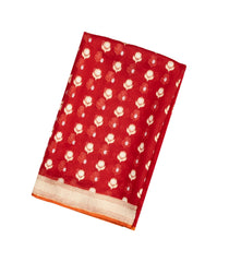 Red Handloom Organza Satin Soft Silk Saree With Floral Motifs-SO4092