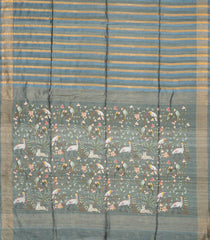 Grey Handloom Tussar Silk Saree With Stripes & Embroidered Pallu-TU2823