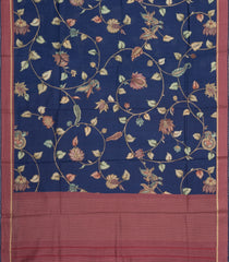 Navy Blue Printed Tussar Silk Saree With Kalamkari Motifs-TU3629
