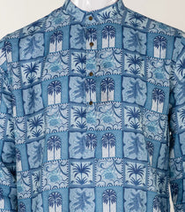 Steel Blue Mid Length Kurta with modern palm tree print -EW1088