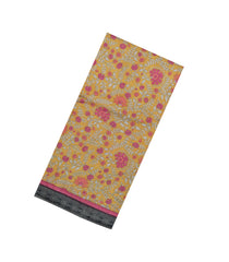 Beige Printed Silk Saree With Floral Motifs & Contrast Border-PS0791