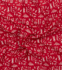 Red Printed Jaipur Cotton Saree With Tribal Motifs-JC1794