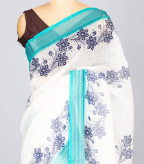 White Woven Art Linen Saree With Printed Floral Motifs & Cyan Border-BL4633