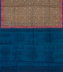 Beige Handwoven Printed Tussar Silk Saree With Vine Motifs & Contrast Blue Pallu-Beige