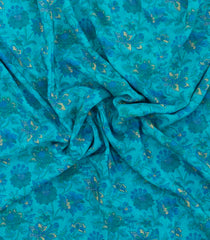 Cyan Printed Crepe Silk Saree With Floral Motifs-PS0903