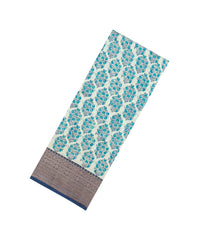Cream Printed Chanderi Cotton Saree With Contrast Navy Zari Border-CC1666