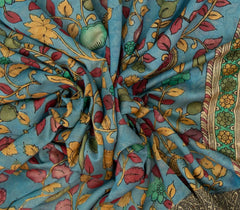 Light Blue Handloom Tussar Silk Saree With Printed Kalamkari Motifs-TU2917