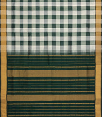 White & Green Handloom Silk Cotton Saree With Checks & Zari Border-SC4645