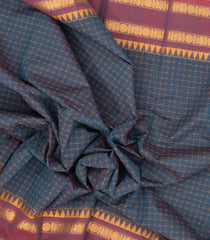 Navy Blue Woven Chettinad Cotton Saree With Dotted Checks & Contrast Border-CN1775