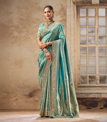 Turquoise Woven Blended Silk Saree With Zircon Border-EN1971