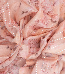 Light Peach Woven Tussar Silk Saree With Printed Floral Motifs & Sequin Work-TU2896