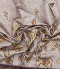 Taupe Printed Synthetic Dupion Saree With Zari Stripes & Brown Border-SY0235