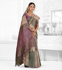 Green & Beige Woven Synthetic Dupion Saree With Floral Motifs-SY0522