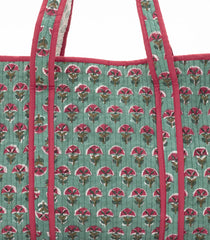 Green Bagru Printed Handmade Cotton Quilted Tote Bag With Zipper-ACS1046