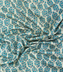 Cream Printed Chanderi Cotton Saree With Contrast Navy Zari Border-CC1666