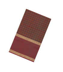 Brown Handloom Silk Cotton Saree With Checks & Contrast Border-SC4196
