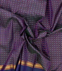 Navy Blue Handloom Kanchipuram Silk Saree With Checks & Button Motifs-KA13741