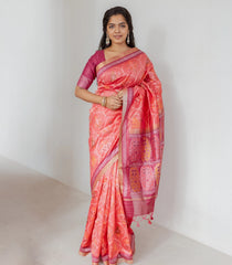 Peach Woven Art Tussar Silk Saree With Printed Animal Motifs-BL3922