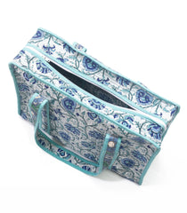 Off White Bagru Printed Handmade Cotton Quilted Tote Bag With Zipper-ACS1041