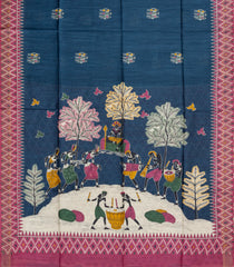 Navy Blue Printed Tussar Silk Saree With Tribal Motifs-TU3440