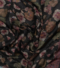Black Woven Art Linen Saree With Printed Floral Motifs and Dark Green Border-BL4679