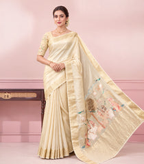 Cream Woven Synthetic Tussar Silk Saree With Printed Pallu-SY0614