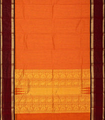 Orange Handloom Kanchi Cotton Saree With Zari Stripes & Maroon Border