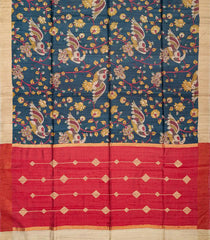 Dark Grey Handloom Tussar Silk Saree With Printed Peacock Motifs