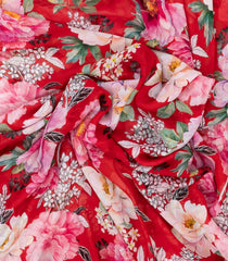 Red Woven Pure Chiffon Silk Saree With Printed Floral Motifs-PS0601