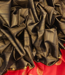 Black Handloom Korvai Kanchipuram Silk Saree With Zari Stripes-KA13172