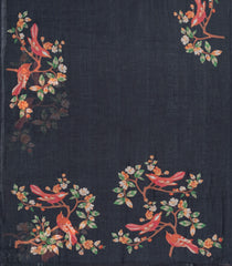 Black Printed Synthetic Linen Saree With Bird Motifs-SY0168