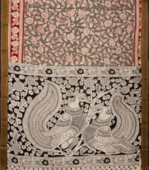 Grey Woven Kalamkari Printed Cotton Saree With Floral Vine Motifs