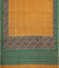 Mustard Printed Tussar Silk Saree With Floral Motifs In Border-TU3683