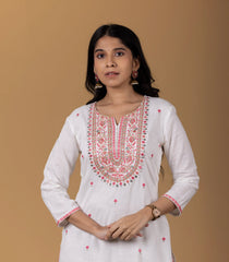 Off-White and Pink Embroidered Casual Kurta-KR0832