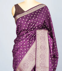 Dark Purple Woven Art Tussar Silk Saree With Floral Motifs-BL4623