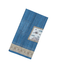 Blue Printed Art Linen Saree With Zari Checks-BL6070