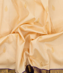 Cream Handloom Korvai Kanchipuram Silk Saree With Buttas & Blue Border-KA14585