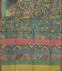Beige Handloom Tussar Silk Saree With Hand Painted Kalamkari Motifs-TU2846