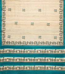 Beige Printed Tussar Silk Saree With Cyan Tribal Motifs & Contrast Border-TU3777