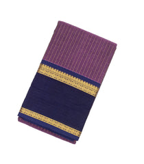 Lilac Handloom Kanchi Cotton Saree With Zari Stripes & Blue Border