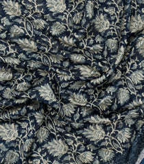 Steel Blue Printed Chanderi Cotton Saree With Floral Motifs & Sequin Work-CC1428